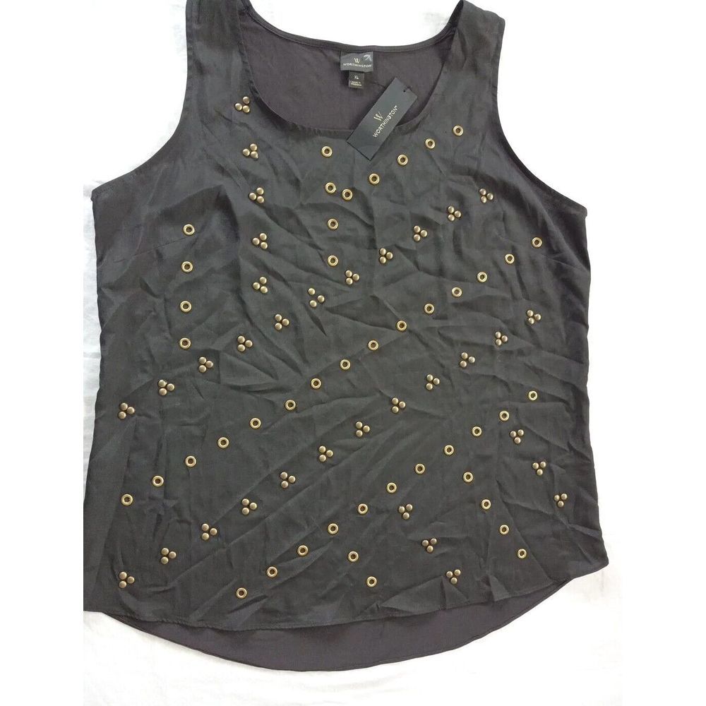 Worthington Women‎ Sleeveless Blouse XL Metal Beaded Black Polyester Spandex